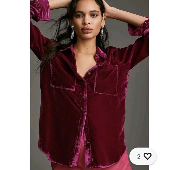 Anthropologie Pilcro Hadley Crushed Red Velvet Button Shirt XS Top Soft Warm NWT - Picture 3 of 14